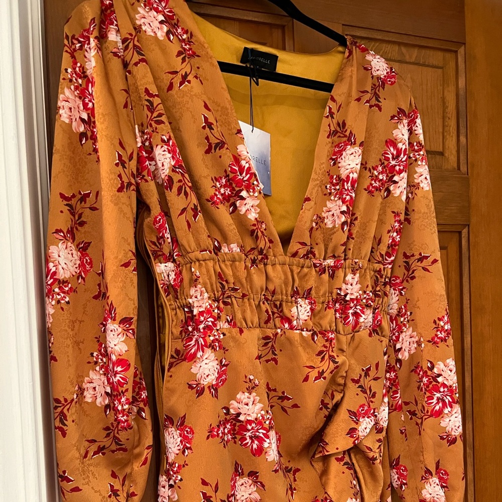 Orange / satin flowered mini draped waist dress